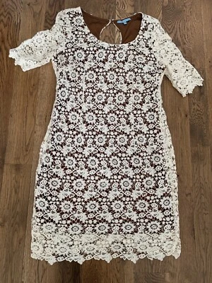 Women's ANTONIO MELANI Brown with Beige Crochet Cotton Lace Dress-Beige -Size 14 - Image 1 of 2