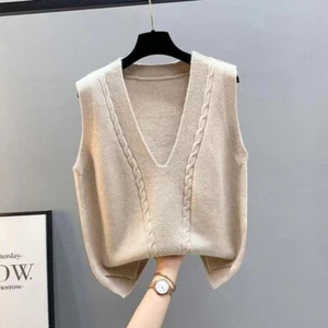 Knitted Women Vest Cable Knit Tank Tops Waistcoat Gilet V Neck Sleeveless - Picture 1 of 16