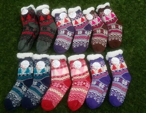 12 PAIR WINTER WARM FUZZY KNIT SHERPA LINED THERMAL ANTI SLIP SLIPPER SOCKS 4-10 - Picture 1 of 10