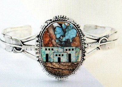 Natural Spiny Turquoise and Multi Gemstone Cuff Pueblo Homes Open Cuff Bracelet - Image 1 of 4