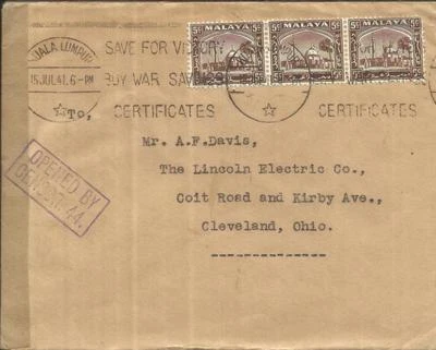 Malaya SELANGOR-SG#73(strip of 3) KUALA LUMPUR 15/JUL/41-WWII CENSOR-44 - Image 1 of 3