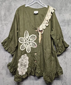 Heart's Desire by Mary Grace Jacket Top XL Green Linen Ruffle Duster Lagenlook - Picture 1 of 19