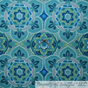 BonEful FABRIC FQ Cotton Quilt Green Blue Yellow White Large Damask Flower Print - Picture 1 of 14