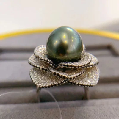 impresionante anillo de perlas verdes negras redondas tahitianas 925s(t) 12-13 mm Foto 1 de 3