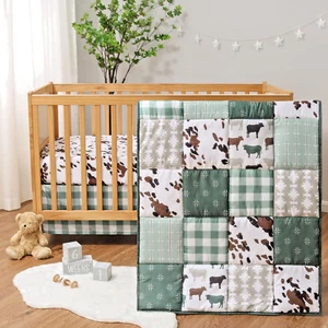 Boho Farm Patchwork 3 Piece Boy Baby Crib Bedding Set by The Peanutshell - Picture 1 of 6