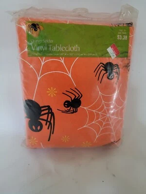 Vintage Vinyl Halloween Tablecloth Orange Black Spiders & Web Design 60x102 - Image 1 of 4