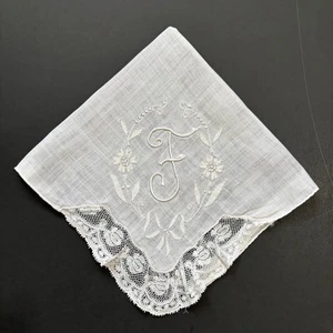 Monogram Initial F Wedding Handkerchief Vintage Bride Floral Lace Embroidered - Picture 1 of 6