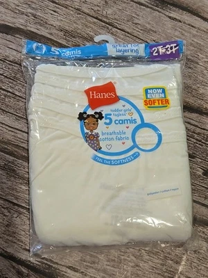 Hanes Girls White 2T/3T TAGLESS Cotton Stretch 5-Pack Toddler Camis NIP (220) - Image 1 of 4