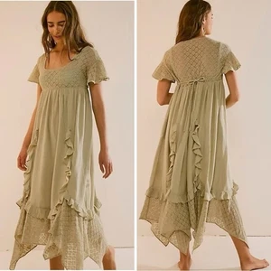 Maxi Vestido Free People XL Etéreo Bohemio Bring The Romance Midi Musgo Piedra  - Imagen 1 de 14