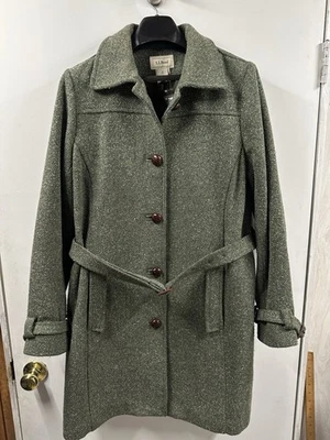 LL Bean Coat 女式 XL 绿色粗花呢羊毛混纺腰带纽扣前丝绸衬里 — 第 1/4 张图片