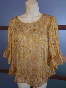 W5 Anthropologie Top Blouse Womans Medium Mustard Yellow Sheer Metallic Ruffle - Picture 1 of 6