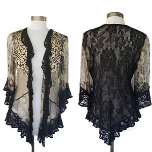 SPENCER ALEXIS Black Lace Antique Gold Silk Chiffon Jacket Kimono Cardi Medium - Picture 1 of 10
