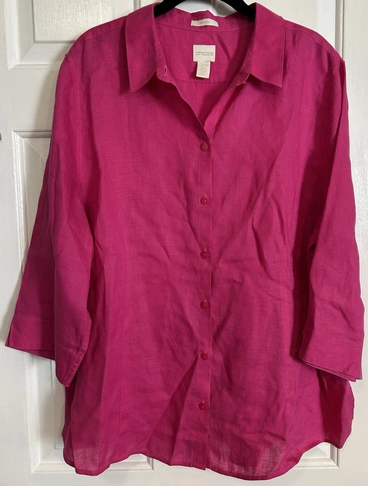 Camisa Blusa Top Chico's No Iron Lino Talla 3.5 XL Manga 3/4 Rosa Botón Espalda Foto 1 de 4