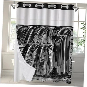 White and Shower Curtain No Hook, Aesthetic Shower Curtain with Snap in Black - Picture 1 of 8
