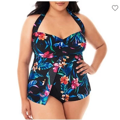 Top de natación Trimshaper negro estampado tropical floral control adelgazante halter 24W NUEVO Foto 1 de 4