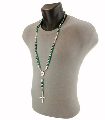 Hip Hop 8mm Silver GREEN Bead Rosary Pray Hand & Jesus Cross Necklace HR 200 SGR - Image 1 of 4