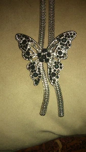 VTG Large Black Ice Rhinestone Butterfly Bolero Styled Necklace Silver Tone - Picture 1 of 5