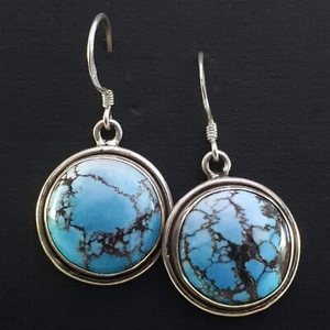 Old 925 Sterling Silver Turquoise Stone Nepal Tibetan Round Earrings Vintage - Picture 1 of 3