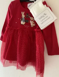 Vestido de Navidad Peter Rabbit rojo de algodón y tul de 6-9 meses y medias crema - Imagen 1 de 6