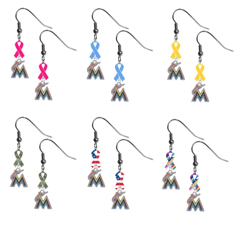 Miami Marlins Ribbon Earrings Pink Cancer Blue Yellow Camo USA Crucial Cover
