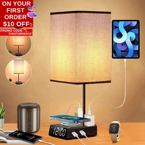 Bedside Lamp with USB Ports & AC Outlets, 15W Wireless Charger Table Lamp with C - Picture 1 of 12