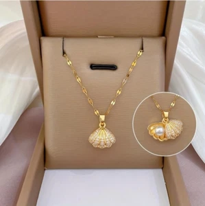 Women Necklace Stainless Steel Chain Gold Plated Shell Pendant Fashion Jewelry - Picture 1 of 7
