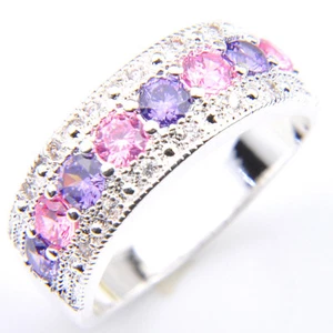Round Multi Pink Topaz Purple Amethyst Gems Silver Rings US Size 6 7 8 9 - Picture 1 of 7