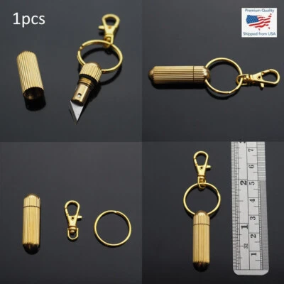 Mini Zipper Pull Brass Capsule Box Cutter Knife Pocket Keychain Key Ring Clip