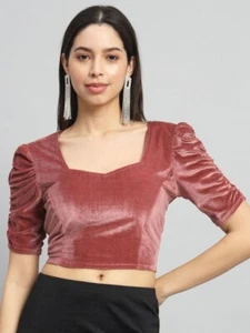 Readymade Solid Velvet Saree Blouse Sweetheart Neck Puff Sleeves Crop Top - Picture 1 of 40
