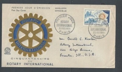 1955 France Rotary FDC #741 W/Data On Back For 50th Anniversary - Image 1 of 2