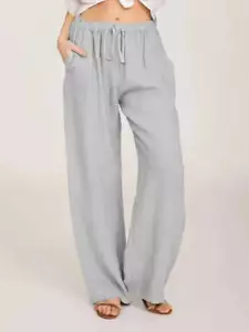Pantalone donna cotone lino gamba larga casual elastico in vita con tasche, - Foto 1 di 39