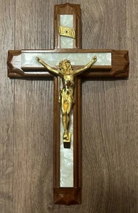 Vintage Holz Letzte Riten Kruzifix Perlmutt Intarsien Jesus Kreuz mcm - Bild 1 von 9