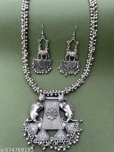 Indian Oxidized Silver Plated Necklace Garba Jewelry Wedding Earrings Jewellery - Picture 1 of 2