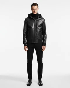 Chaqueta Bomber Para Hombre Negra Azul Cuero Genuino Lujo Hecha a Mano Premium Con Capucha - Imagen 1 de 7