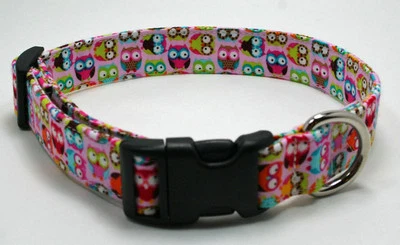 HANDMADE BY "WALKIN ON SUNSHINE COLLARS" Mini Owls on Pink Animal Print Dog Collar Adjustable Handmade Custom Designer