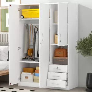 2-Doors Wooden Wardrobe Storage for Bedroom, with Shelves and 3 Drawers White - Picture 1 of 13