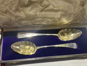 Antique Sterling Silver Repousse Berry/Fruit Spoon - 9 Inches - Picture 1 of 14
