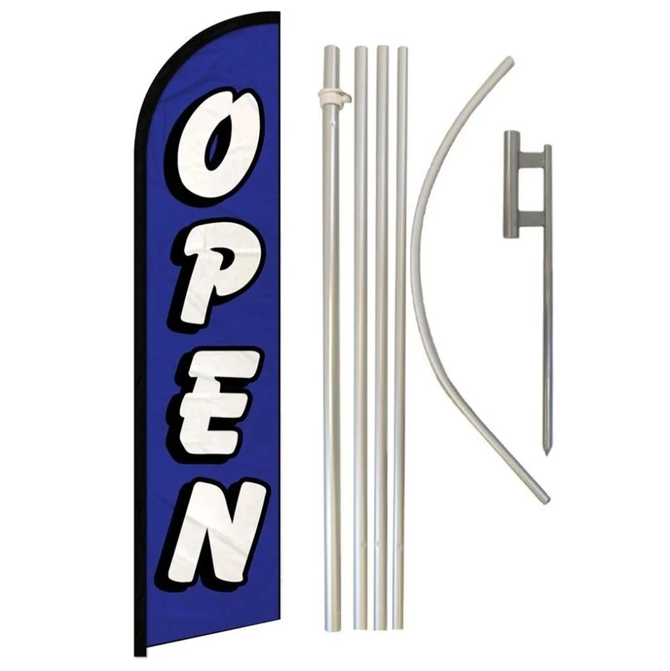 Open Blue White Advertising Windless Banner Flag & Flag Pole Kit & Ground Spike - Image 1 of 1