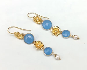 orecchini donna goccia pendenti perla bianca agata argento 925 bagno oro giallo - Foto 1 di 11