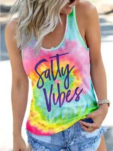 New Women's Letter Print Multicolor Crew Neck Beach Tank Top Sleeveless Top S/M - Picture 1 of 7