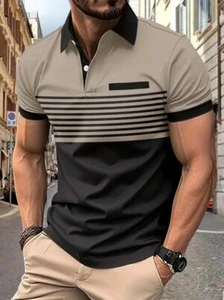 Fashion Striped Men Casual Color Block Short Sleeve Lapel Golf T-Shirt Khaki New - Picture 1 of 3