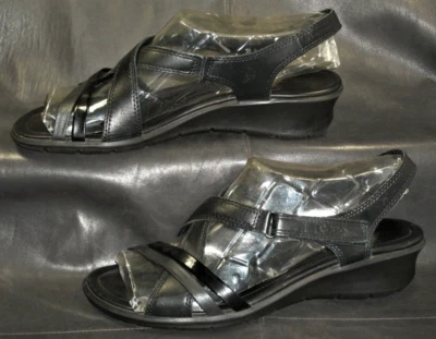 Ecco Felicia 女式黑色带灰色皮革边吊带凉鞋,尺寸 EU 39 — 第 1/4 张图片