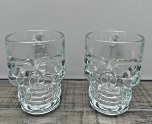 Skull Skeleton Face Pair of Thick Glass Halloween Gothic Novelty Beer Mugs x 2 - Picture 1 of 22