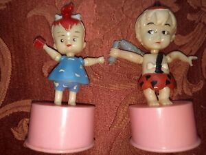 Vintage Pebbles and Bam Bam Flintstones Kohner Mini Push Button Puppet Toy