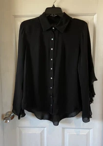 Nicole Miller Collection Silk Blouse Black Sheer Ruffles Small Whimsigoth Witchy - Picture 1 of 8