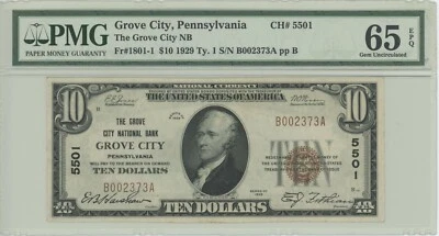1929 Type 1 $10 Grove City NB, PA Fr. 1801-1 CH#5501 PMG 65 EPQ - Image 1 of 2