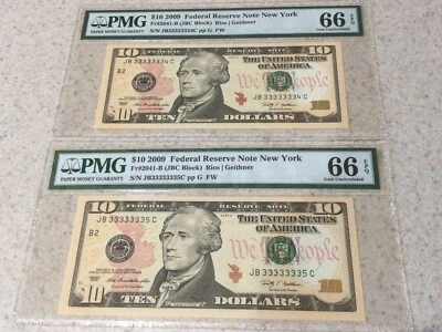 2009 $10 Consecutive Near Solid - Serial # JB33333334C/JB33333335C PMG66EPQ - Image 1 of 4