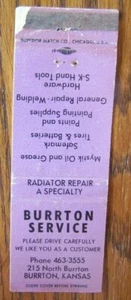 BURRTON SPRINGS, KANSAS: BURRTON GARAGE MATCHBOOK MATCHCOVER -E - Picture 1 of 1