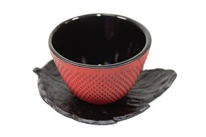 Sado Black Leaf Tea Saucer Red Cast Iron Teacup Hobnail Dot Japanese - Picture 1 of 5