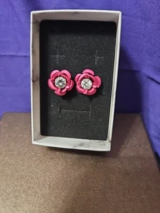 Clear Swarovski Element with Pink Rosette Pierced Earrings - Picture 1 of 1